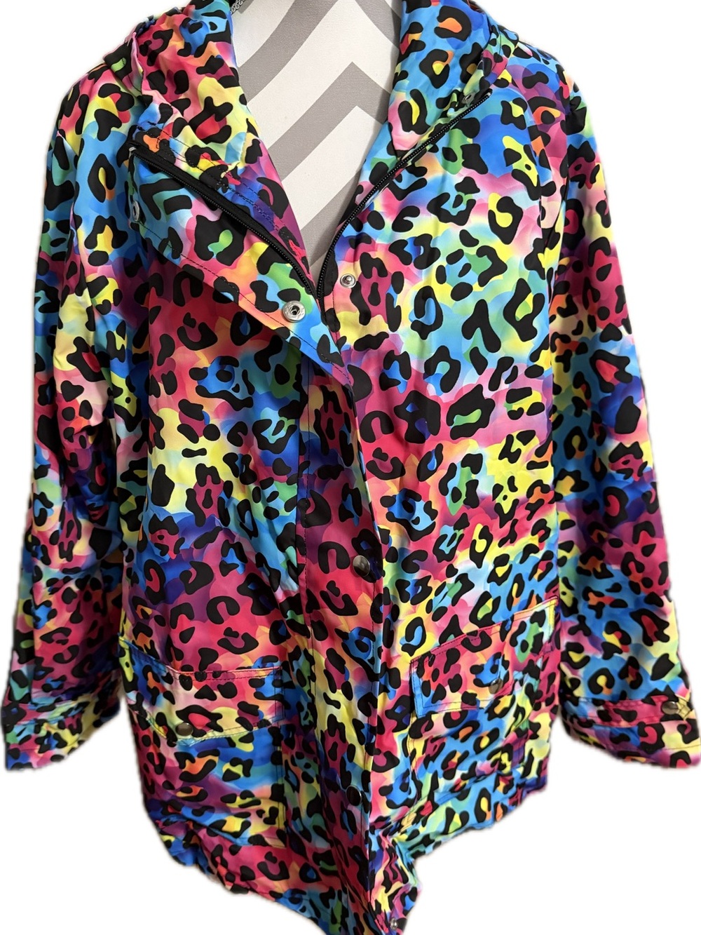 Vibrant Rainbow Leopard Print Hooded Rain Coat